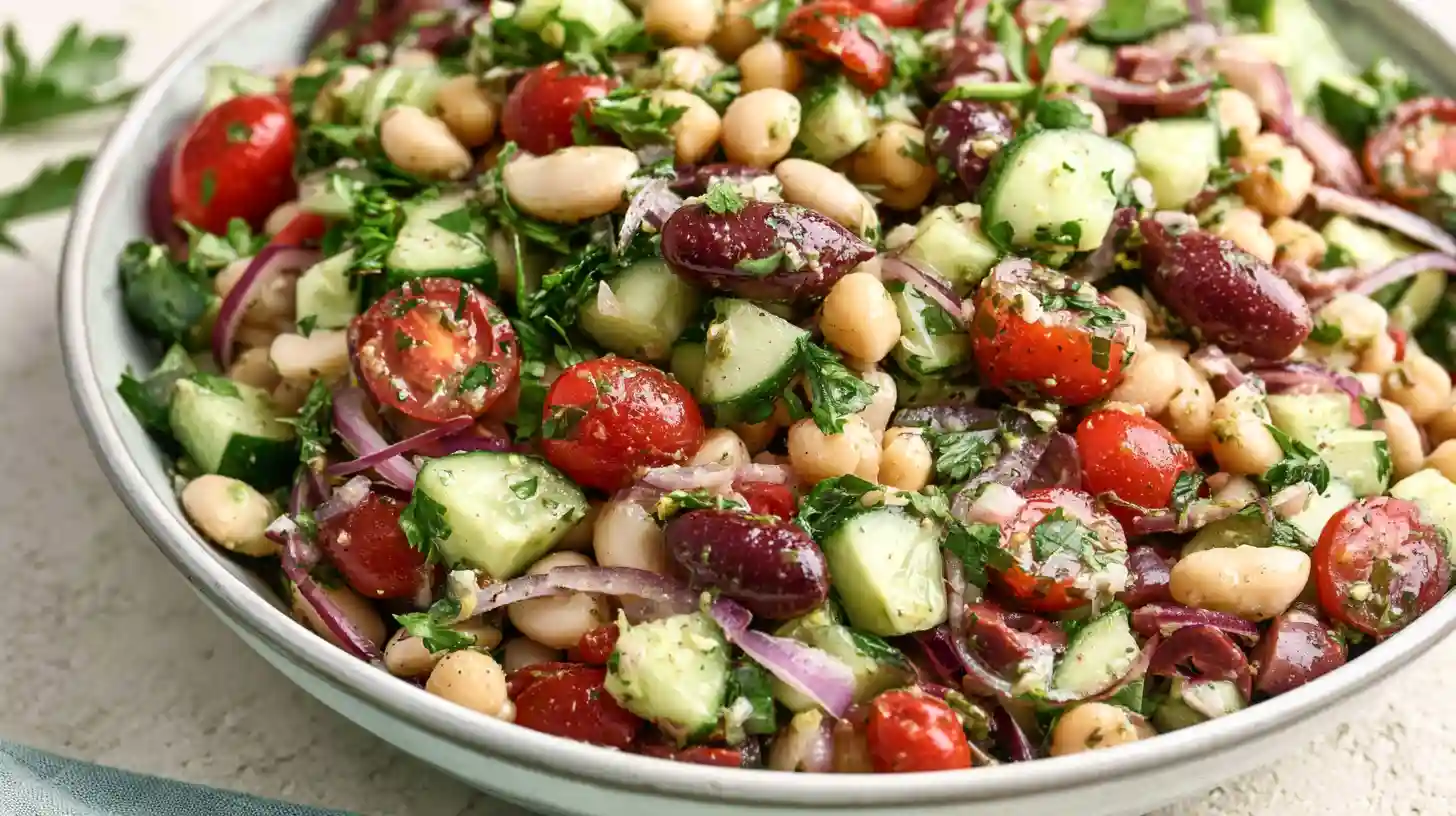 Mediterranean Bean Salad with chickpeas kidney beans cucumbers red onion celery parsley and lemon dressing in a bright serving bowl