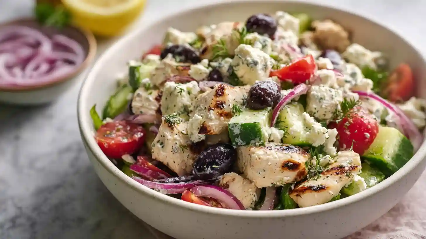 Mediterranean Chicken Salad with grilled chicken lettuces chickpeas tomatoes cucumbers olives red onions feta cheese avocado and lemon herbs in a bright bowl