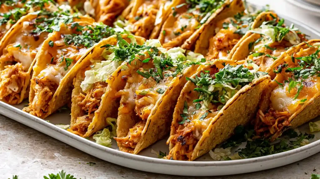 Mini Tacos with crispy bite-sized corn tortillas folded over seasoned ground beef topped with melted cheese and fresh toppings on a serving plate