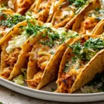Mini Tacos with crispy bite-sized corn tortillas folded over seasoned ground beef topped with melted cheese and fresh toppings on a serving plate