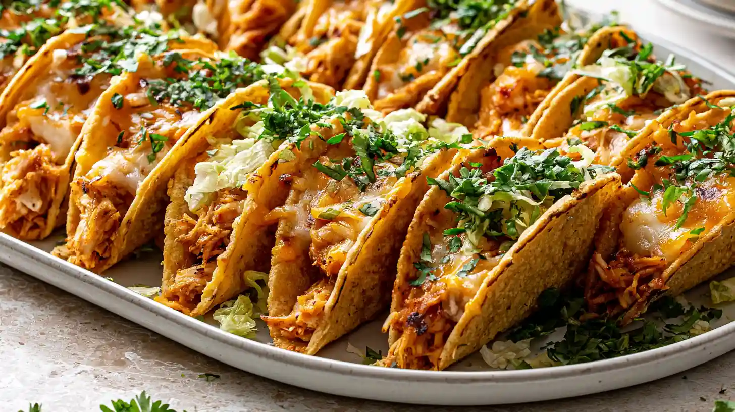 Mini Tacos with crispy bite-sized corn tortillas folded over seasoned ground beef topped with melted cheese and fresh toppings on a serving plate