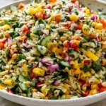 Rainbow Orzo Salad with colorful diced bell peppers cucumber tomatoes corn chickpeas orzo pasta and lemon vinaigrette in a bright serving bowl
