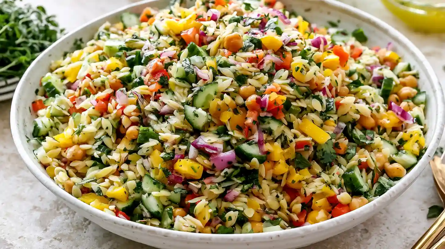Rainbow Orzo Salad with colorful diced bell peppers cucumber tomatoes corn chickpeas orzo pasta and lemon vinaigrette in a bright serving bowl