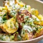 Roasted Potato Salad with crispy golden potato cubes creamy mustard dressing bacon hard-boiled eggs red onion and fresh herbs in a serving bowl