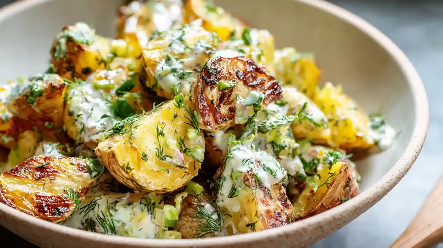 Roasted Potato Salad with crispy golden potato cubes creamy mustard dressing bacon hard-boiled eggs red onion and fresh herbs in a serving bowl