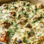 Salsa Verde Chicken & Rice Skillet one-pan dinner with shredded chicken green salsa verde rice black beans corn melted Monterey Jack cheese and fresh cilantro