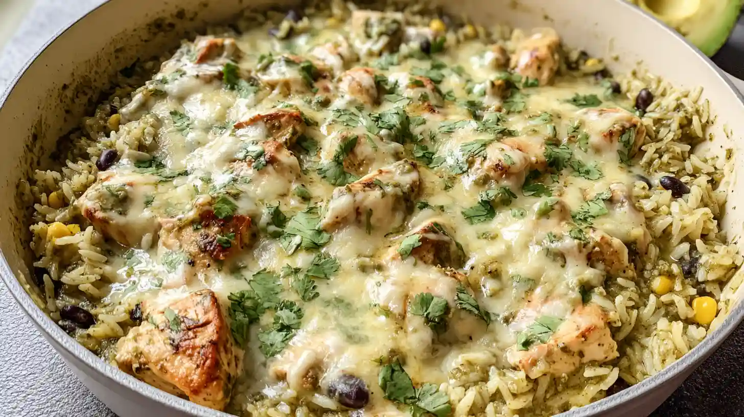 Salsa Verde Chicken & Rice Skillet one-pan dinner with shredded chicken green salsa verde rice black beans corn melted Monterey Jack cheese and fresh cilantro