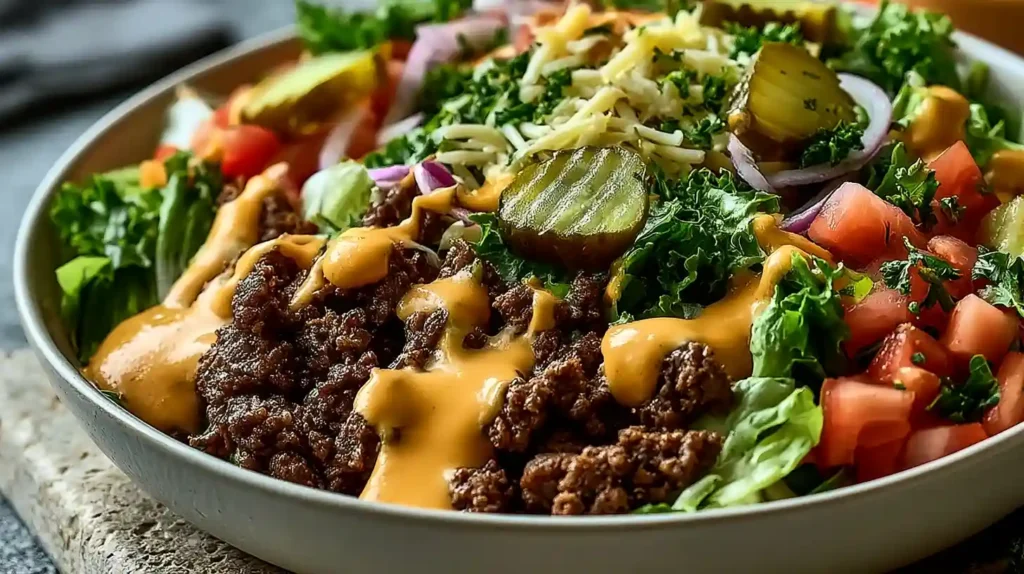 Smash Burger Bowl with crispy seared ground beef caramelized onions pickles shredded cheese lettuce tomatoes and special sauce in a hearty deconstructed burger bowl