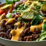 Smash Burger Bowl with crispy seared ground beef caramelized onions pickles shredded cheese lettuce tomatoes and special sauce in a hearty deconstructed burger bowl