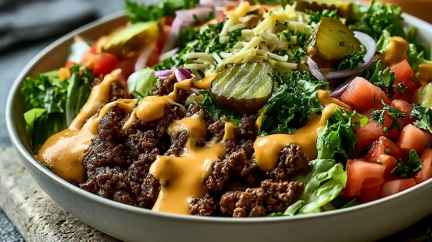 Smash Burger Bowl with crispy seared ground beef caramelized onions pickles shredded cheese lettuce tomatoes and special sauce in a hearty deconstructed burger bowl