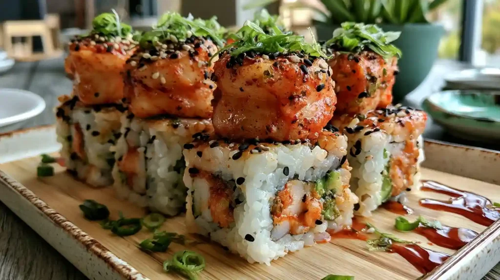 Spicy Shrimp Sushi Stacks with neatly layered sushi rice mashed avocado Sriracha-spiced diced shrimp cucumber and a drizzle of spicy mayo and sriracha sauce