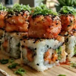 Spicy Shrimp Sushi Stacks with neatly layered sushi rice mashed avocado Sriracha-spiced diced shrimp cucumber and a drizzle of spicy mayo and sriracha sauce