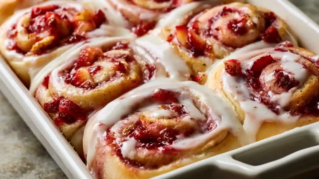 Strawberry Rolls with soft fluffy yeast dough filled with fresh strawberry jam and topped with sweet cream cheese frosting on a wooden board