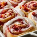 Strawberry Rolls with soft fluffy yeast dough filled with fresh strawberry jam and topped with sweet cream cheese frosting on a wooden board