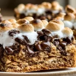 S'mores Cookie Bars with graham cracker cookie dough chocolate chips and marshmallow creme baked into soft chewy bars with toasted marshmallow topping
