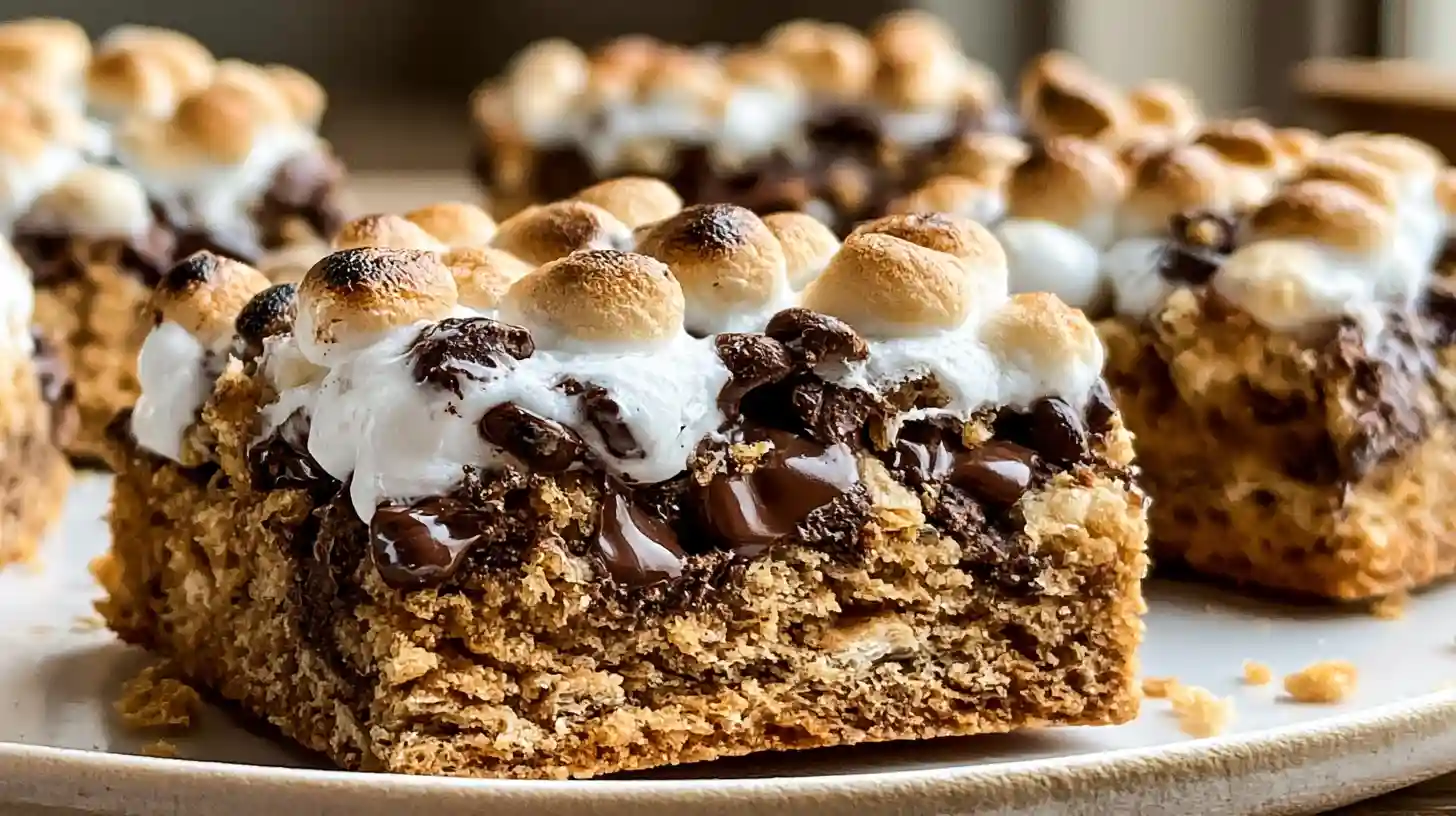 S'mores Cookie Bars with graham cracker cookie dough chocolate chips and marshmallow creme baked into soft chewy bars with toasted marshmallow topping