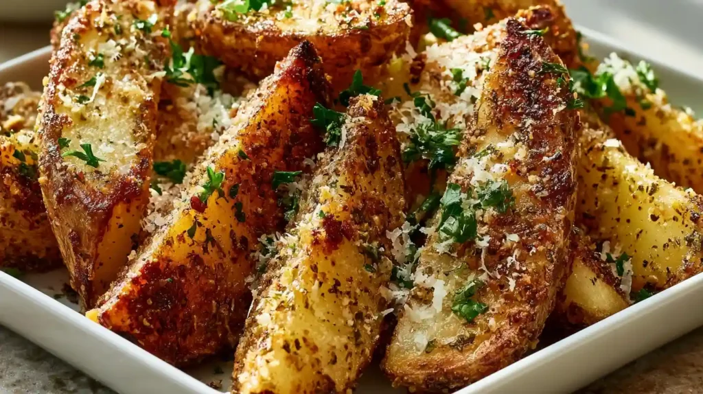 Baked Garlic Parmesan Potato Wedges with crispy golden wedges coated in garlic parmesan cheese rosemary and fresh parsley on a white plate with dipping sauce
