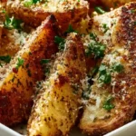 Baked Garlic Parmesan Potato Wedges with crispy golden wedges coated in garlic parmesan cheese rosemary and fresh parsley on a white plate with dipping sauce