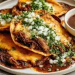 Crispy Birria Tacos filled with tender shredded beef, melted cheese, cilantro, and onion, served with rich consommé for dipping.