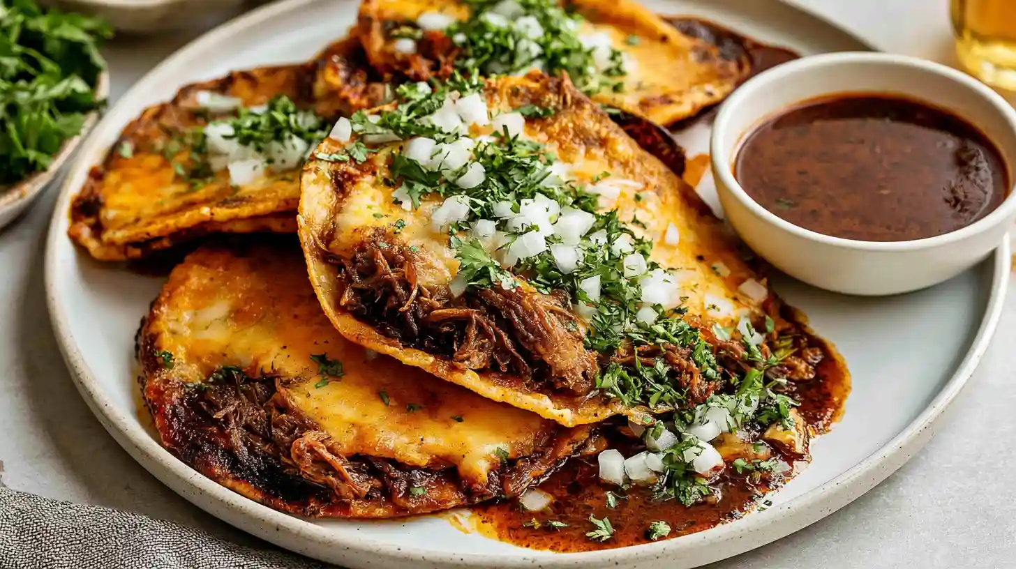 Crispy Birria Tacos filled with tender shredded beef, melted cheese, cilantro, and onion, served with rich consommé for dipping.