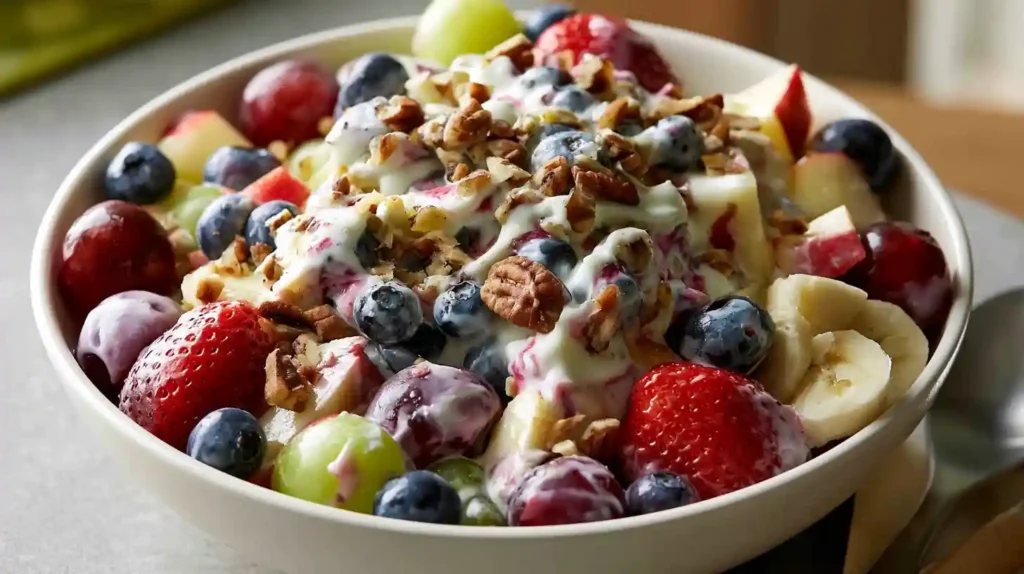 Breakfast Fruit Salad with strawberries blueberries grapes banana kiwi and mandarin oranges in a white bowl, lightly tossed with orange juice or yogurt
