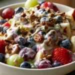 Breakfast Fruit Salad with strawberries blueberries grapes banana kiwi and mandarin oranges in a white bowl, lightly tossed with orange juice or yogurt