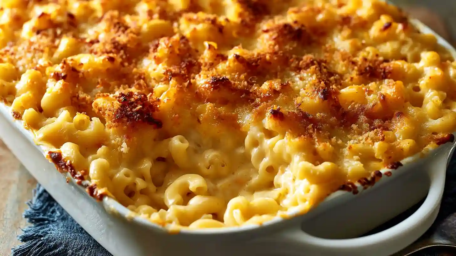 Creamy Baked Macaroni and Cheese for a Crowd in a large casserole dish, topped with golden melted cheese and fresh parsley.