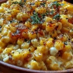 Creamy Honey Butter Skillet Corn with golden corn kernels coated in a rich honey butter and cream cheese sauce garnished with fresh parsley and a wooden spoon in a black skillet