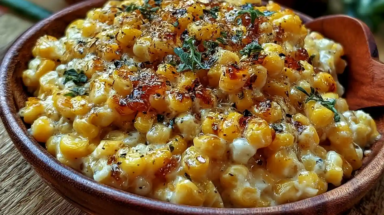 Creamy Honey Butter Skillet Corn with golden corn kernels coated in a rich honey butter and cream cheese sauce garnished with fresh parsley and a wooden spoon in a black skillet