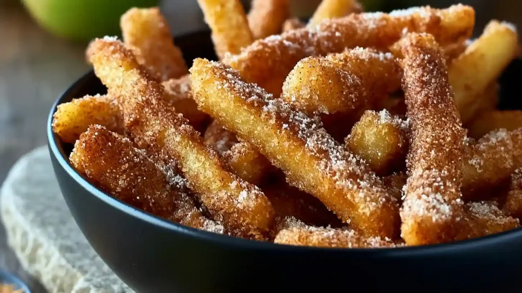 Crispy Air Fryer Apple Fries with golden apple wedges coated in cinnamon sugar and panko crumbs served with caramel dipping sauce