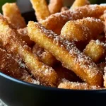 Crispy Air Fryer Apple Fries with golden apple wedges coated in cinnamon sugar and panko crumbs served with caramel dipping sauce