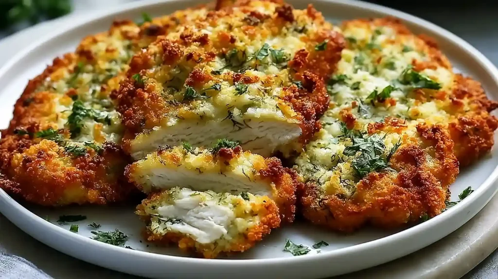 Crispy Dill Pickle Parmesan Chicken with golden breaded chicken cutlets brined in dill pickle juice topped with creamy dill pickle ranch shredded Parmesan cheese and fresh dill on a black platter