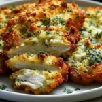 Crispy Dill Pickle Parmesan Chicken with golden breaded chicken cutlets brined in dill pickle juice topped with creamy dill pickle ranch shredded Parmesan cheese and fresh dill on a black platter