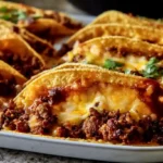 Crispy Ground Beef Tacos with golden crunchy taco shells seasoned ground beef shredded lettuce diced tomatoes cheddar cheese and fresh cilantro on a wooden board