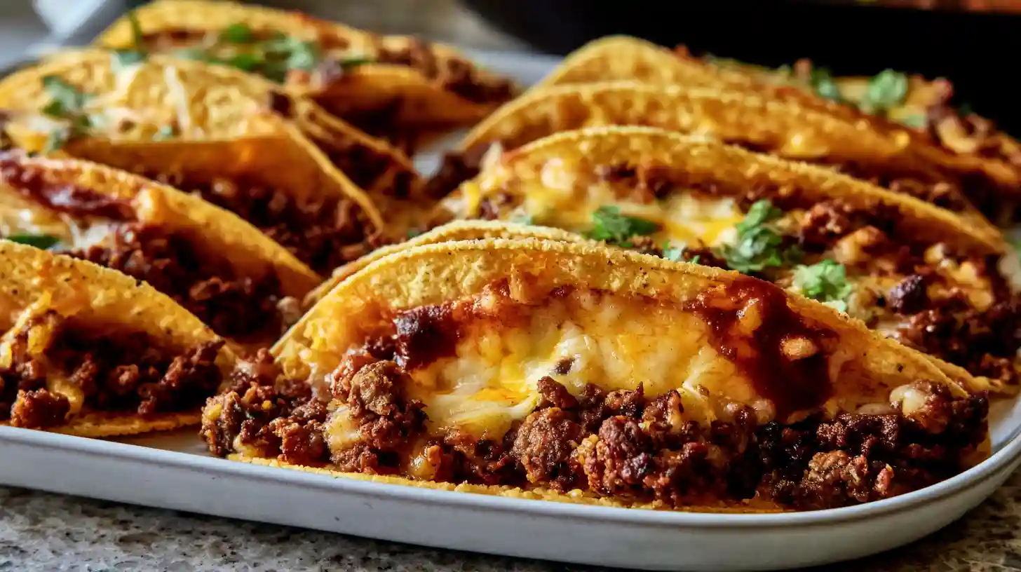 Crispy Ground Beef Tacos with golden crunchy taco shells seasoned ground beef shredded lettuce diced tomatoes cheddar cheese and fresh cilantro on a wooden board