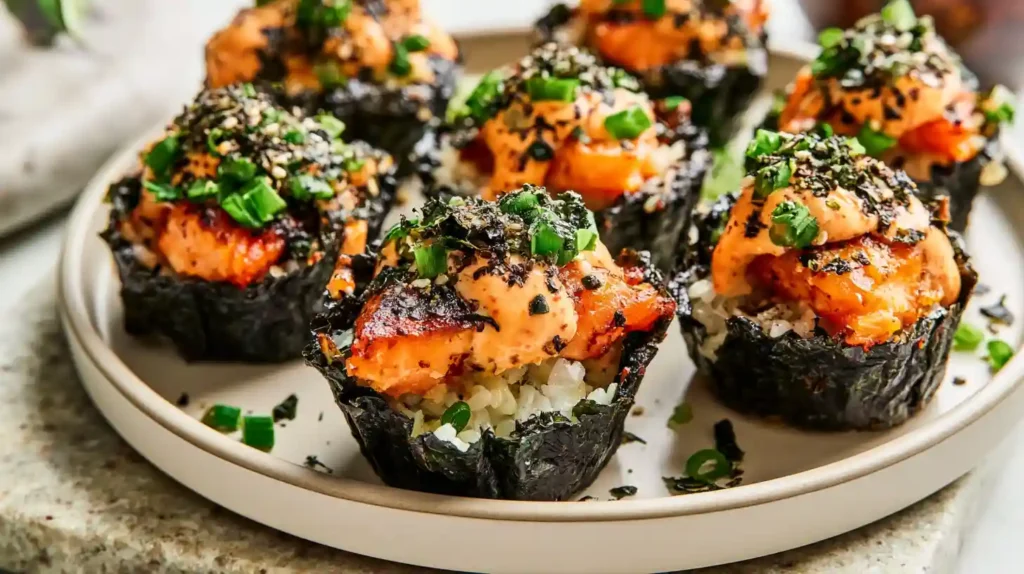 Easy Baked Salmon Sushi Cups with seasoned sushi rice nori salmon avocado sesame seeds and spicy mayo baked in a muffin tin