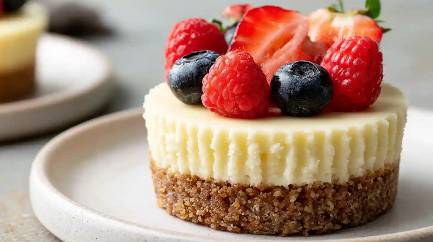 Easy Mini Cheesecake Recipe with individual mini cheesecakes in a muffin tin topped with strawberry sauce cherry topping whipped cream and fresh berries
