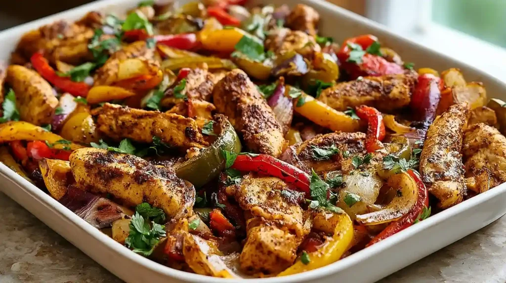 Easy Sheet Pan Chicken Fajitas with seasoned chicken strips bell peppers and onions roasted on a sheet pan served with tortillas lime wedges and guacamole