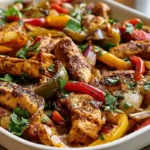 Easy Sheet Pan Chicken Fajitas with seasoned chicken strips bell peppers and onions roasted on a sheet pan served with tortillas lime wedges and guacamole