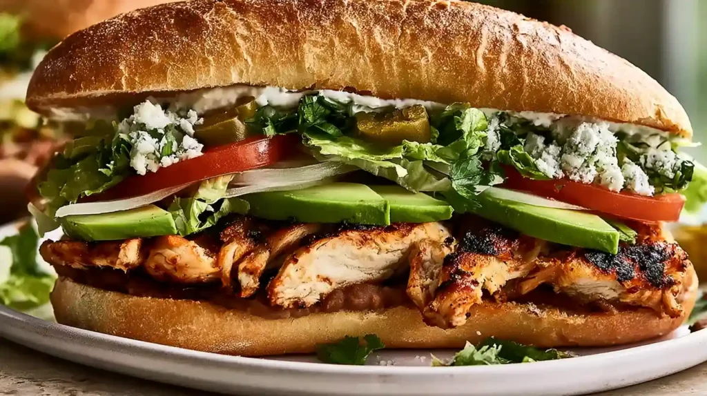 Flavor-Packed Chicken Torta Sandwich with crispy breaded chicken refried beans guacamole pickled jalapeños shredded lettuce tomatoes and avocado on a toasted bolillo roll