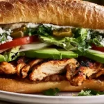 Flavor-Packed Chicken Torta Sandwich with crispy breaded chicken refried beans guacamole pickled jalapeños shredded lettuce tomatoes and avocado on a toasted bolillo roll
