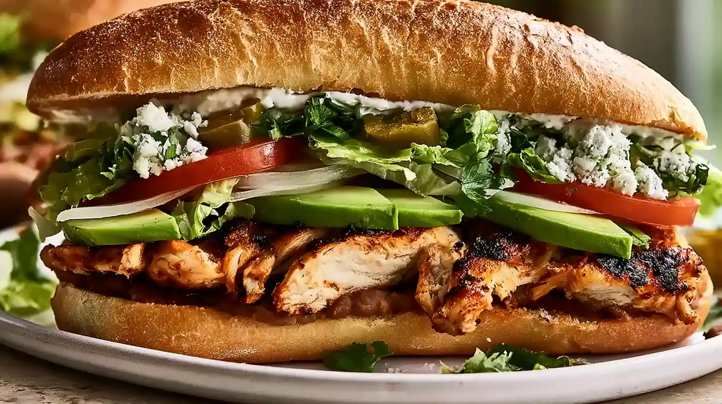 Flavor-Packed Chicken Torta Sandwich with crispy breaded chicken refried beans guacamole pickled jalapeños shredded lettuce tomatoes and avocado on a toasted bolillo roll