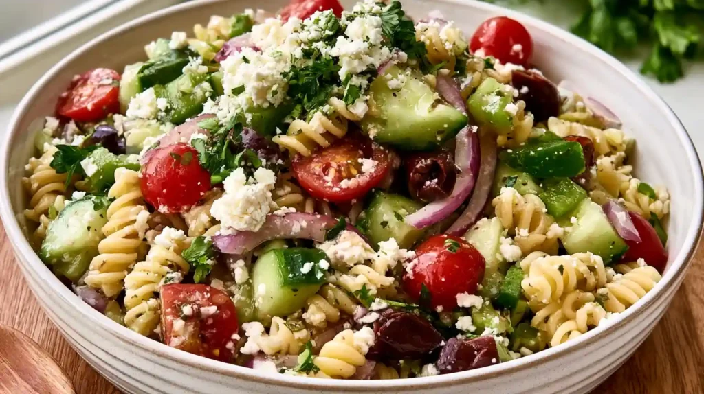 Greek Pasta Salad with rotini pasta feta cheese kalamata olives cherry tomatoes cucumber red onion and bell peppers in a bright lemon oregano dressing