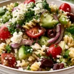Greek Pasta Salad with rotini pasta feta cheese kalamata olives cherry tomatoes cucumber red onion and bell peppers in a bright lemon oregano dressing
