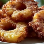 Heavenly Pineapple Fritters That Bring Tropical Joy with golden fried pineapple rings lightly dusted with powdered sugar and served with a creamy coconut or vanilla dipping sauce