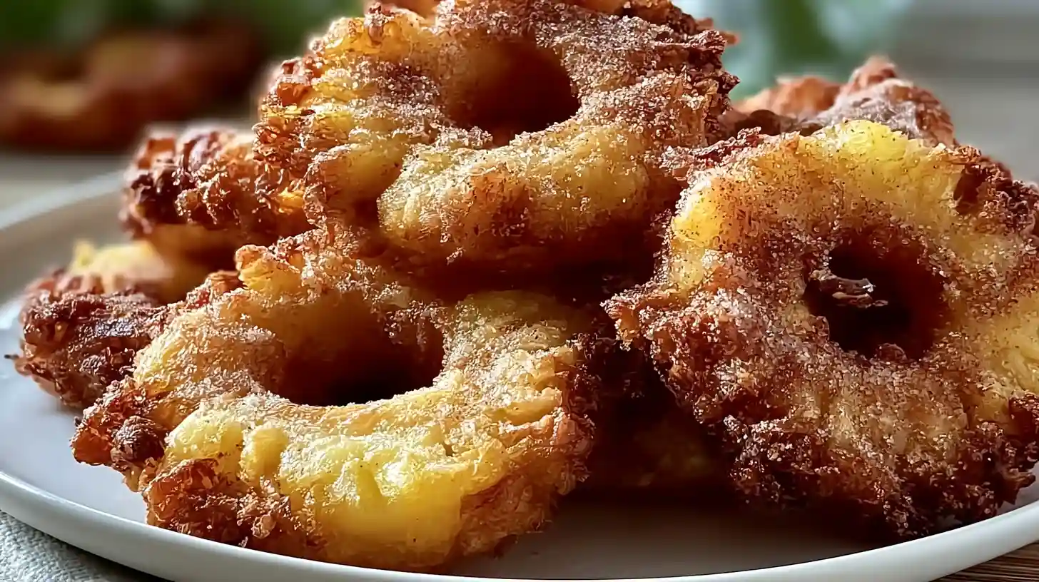 Heavenly Pineapple Fritters That Bring Tropical Joy with golden fried pineapple rings lightly dusted with powdered sugar and served with a creamy coconut or vanilla dipping sauce