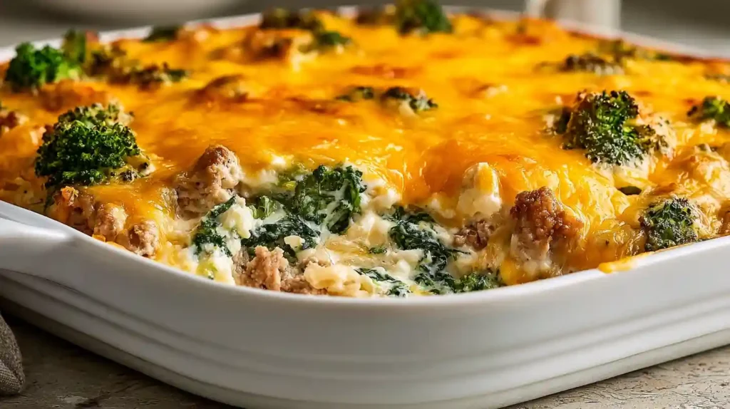 High Protein Ground Turkey Casserole with ground turkey broccoli bell peppers eggs cream cheese and melted cheddar baked in a casserole dish
