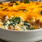 High Protein Ground Turkey Casserole with ground turkey broccoli bell peppers eggs cream cheese and melted cheddar baked in a casserole dish