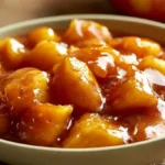 Homemade Apple Pie Filling with cooked apple slices in a thick cinnamon brown sugar syrup in a glass jar on a wooden surface with cinnamon sticks