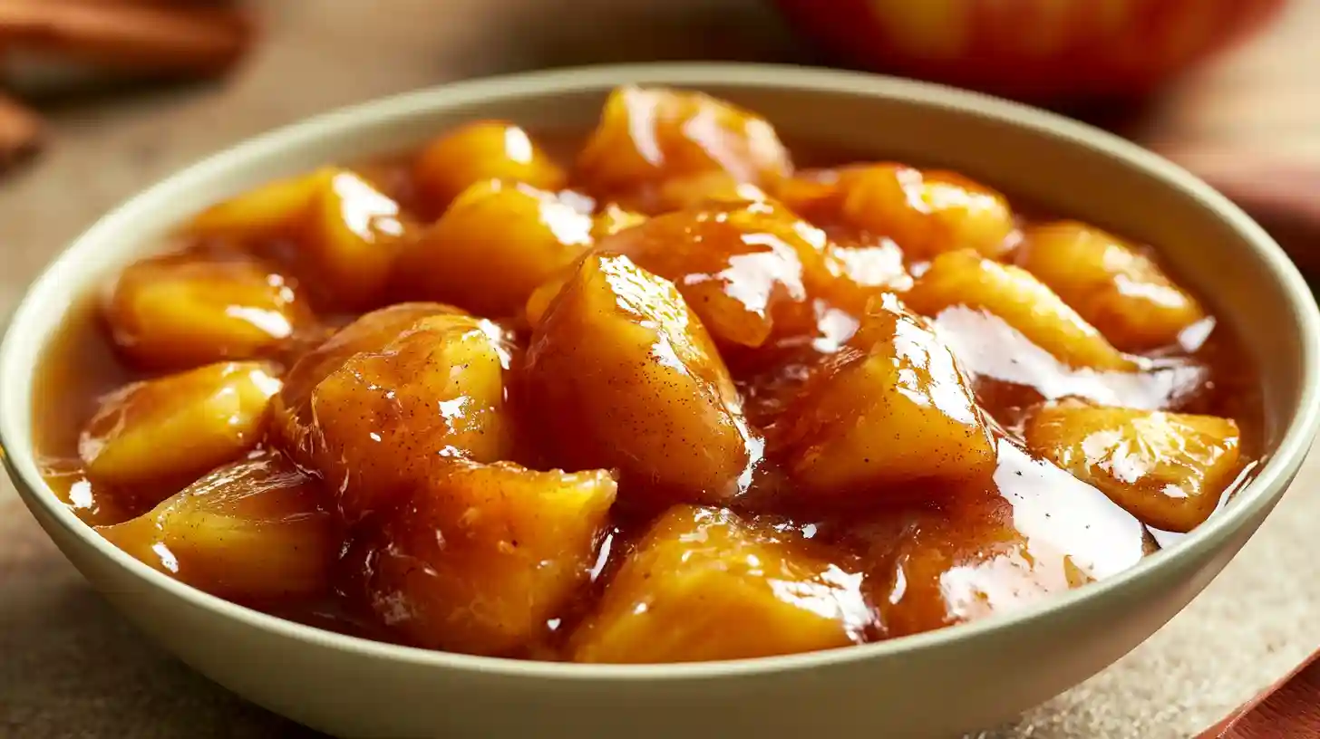 Homemade Apple Pie Filling with cooked apple slices in a thick cinnamon brown sugar syrup in a glass jar on a wooden surface with cinnamon sticks